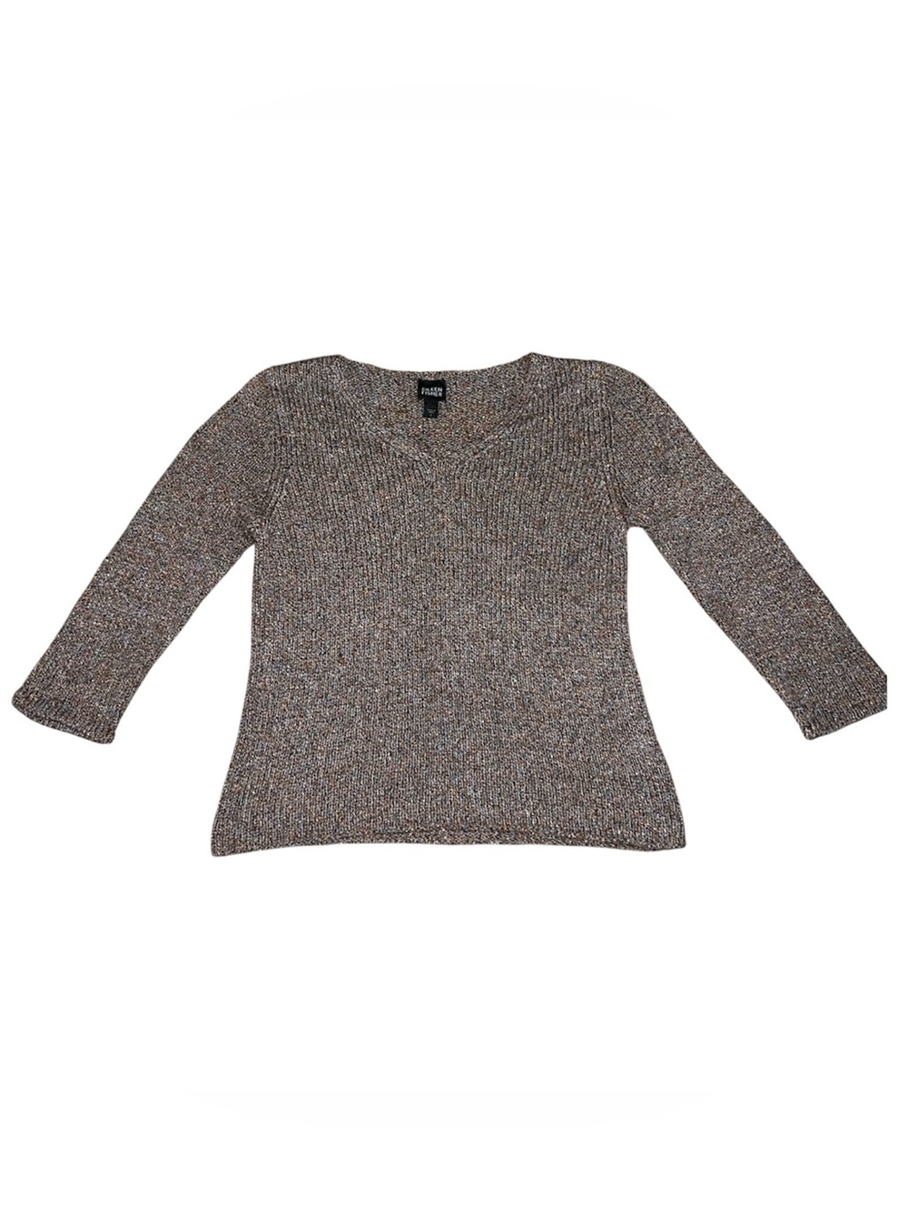 Eileen Fisher Marled Brown V-Neck Knit Sweater 100% Silk Small